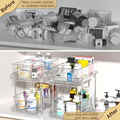HIHEGD 2-Tier Bathroom Organizer with Dividers, Clear Under Sink and Pull-Out Cabinet Organizer for Kitchen and Pantry Storage