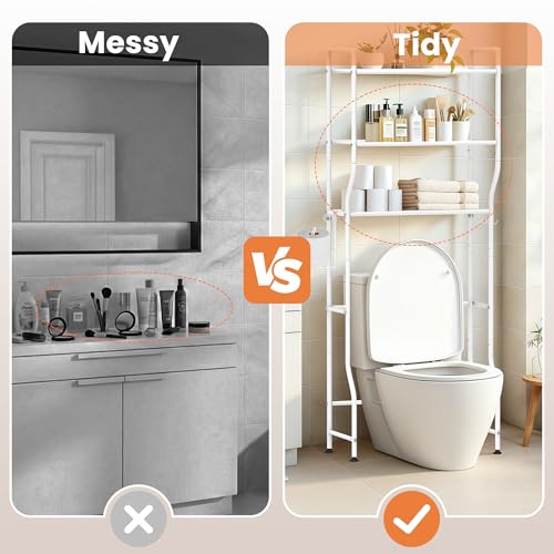 Over The Toilet Storage, 3-Tier Heavy Duty Metal Bathroom Organizer and Storage Rack, Space-Saving Above Toilet Cabinet Shelf with Paper Holder & 4 Hooks, White
