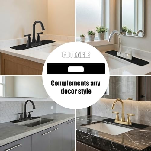 2PCS Absorbent Mat for Bathroom 4IN Centerset Oval-Hole Faucet-23.5" Lx4.5 | Splash Guard for 2-Handle Faucet Sink 3 holes - Cuttable Kitchen Counter Protector Drip Catcher for Irregular Sink, Black