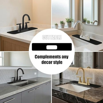 2PCS Absorbent Mat for Bathroom 4IN Centerset Oval-Hole Faucet-23.5" Lx4.5 | Splash Guard for 2-Handle Faucet Sink 3 holes - Cuttable Kitchen Counter Protector Drip Catcher for Irregular Sink, Black