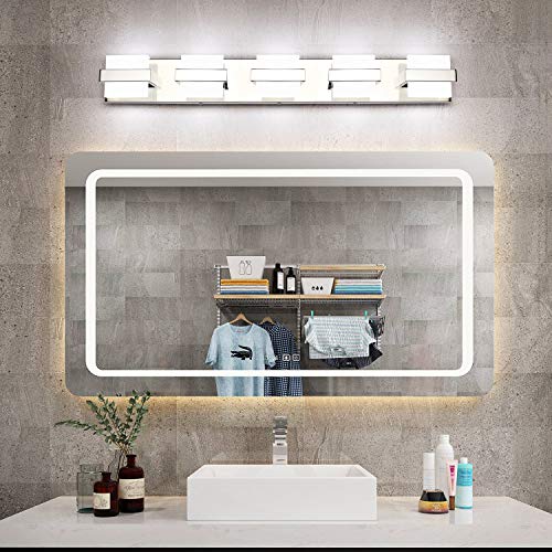 SOLFART Chrome 5 Light Bathroom Vanity Lights Over Mirror, Modern Chrome Bathroom Light Fixtures LED Lights Dimmable - color: Upgraded Chrome-6000K,100%-0% Dimmble Brightness, size: 5- Light,34Inch