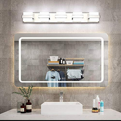 SOLFART Chrome 5 Light Bathroom Vanity Lights Over Mirror, Modern Chrome Bathroom Light Fixtures LED Lights Dimmable - color: Upgraded Chrome-6000K,100%-0% Dimmble Brightness, size: 5- Light,34Inch