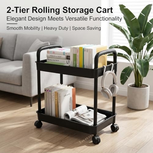 2-Tier Black Rolling Storage Cart with 4 Hanging Hooks - Slim Mobile Utility Cart Organizer, Compact Multi-Functional Narrow Rolling Shelf Rack on Wheels for Kitchen, Bathroom, Laundry Room, Office