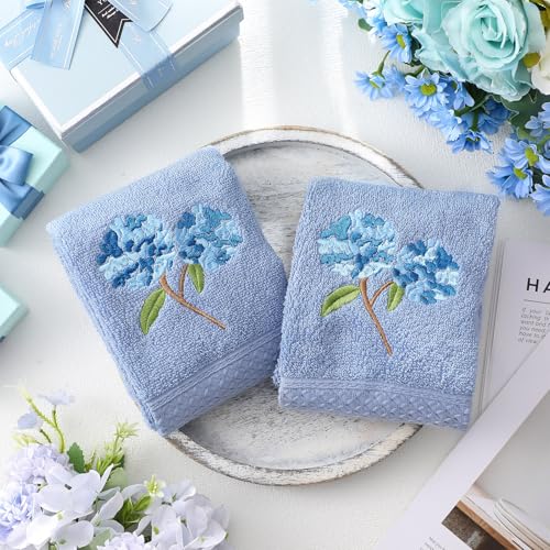 SmoothNovelty 2 Pcs Hydrangea Hand Towels Blue Hydrangea Floral Bathroom Decor 14x29 Inch Embroidered 100% Cotton Soft Absorbent Spring Summer Decorative Flowers Hand Towels for Bathroom Kitchen - style: Hydrangea Floral
