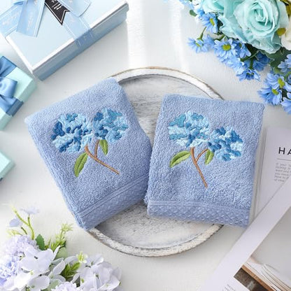 SmoothNovelty 2 Pcs Hydrangea Hand Towels Blue Hydrangea Floral Bathroom Decor 14x29 Inch Embroidered 100% Cotton Soft Absorbent Spring Summer Decorative Flowers Hand Towels for Bathroom Kitchen - style: Hydrangea Floral