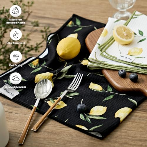 RECYCO Waffle Kitchen Towel Set of 2 - Quick Dry Microfiber Sustainable Dish Towels - Ultra Absorbent Reusable Cleaning Tea Towels - Lightweight Hand Towels,16”x 28”, Lemon Grove - color: Lemon Grove