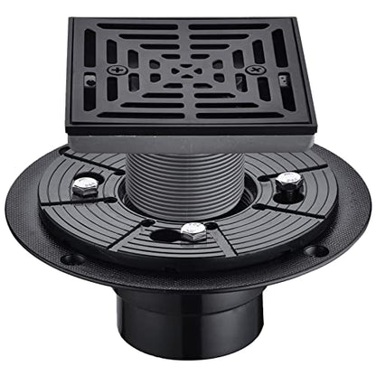 RANDOM 4 Inch Black Shower Drain Square with Adjustable PVC Base Flange,SUS304 Stainless Steel Matte Black Shower Floor Drain with Removable Cover Grid Grate - color: B-matte Black-4″ Square With Base Flange