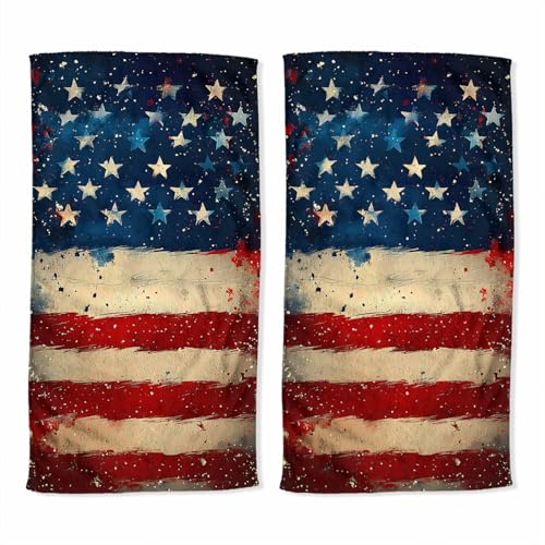 American Flag Bath Hand Towel Set of 2 Grunge Red White Blue Texture Art Absorbent Hand Towels Decorative Kitchen Dish Towel Guest Bathroom Towels 14x28 inch - color: American Flag