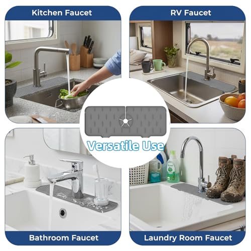 Silicone Faucet Handle Drip Catcher Drying Tray Mat Dish Soap Sponge Holder Accessories Gadgets for Kitchen Counter Bathroom Kitchen Sink Splash Guard (Gray, 14.56") - size: 14.6" x 5.5"