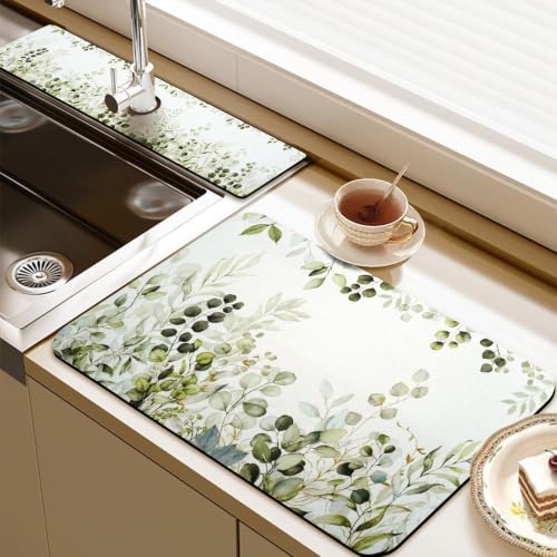 19.5" x 12" Dish Drying Mat & 24" x 5.5" Sink Splash Guard, Super Absorbent Drainer Rack Mat for Kitchen Counter Coffee Bar - color: Green, size: 19.5"*12"+24"*5.5"