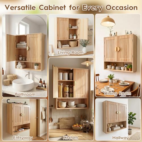 Mazatzal Bathroom Wall Cabinet, Wooden Medicine Cabinet with Adjustable Shelf & Grille Design Doors, Over the Toilet Storage Cabinet for Bathroom, Laundry, Kitchen, Living Room