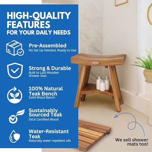 EcoDecors Teak Shower Bench with Shelf 18", 300 lb Capacity – Fully Assembled Waterproof Wood Spa Seating for Adults - Compact Fit for Small Bathrooms & Walk-in Showers - Slip-Resistant Feet - size: 18" shelf fully assembled