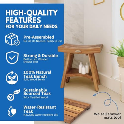 EcoDecors Teak Shower Bench with Shelf 18", 300 lb Capacity – Fully Assembled Waterproof Wood Spa Seating for Adults - Compact Fit for Small Bathrooms & Walk-in Showers - Slip-Resistant Feet - size: 18" shelf fully assembled
