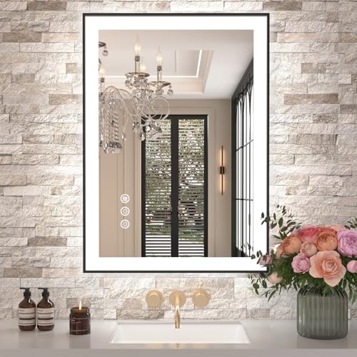 Amorho 20"x28" LED Bathroom Mirror, Frontlit&Backlit, Controlled Separately | Black Metal Frame, Stepless Dimmable, Anti-Fog, HD Reflection, Shatter-Proof, 3 Colors Lighting, Memory, UL Listed - color: Front and Backlit With Frame(separate Dimming), size: