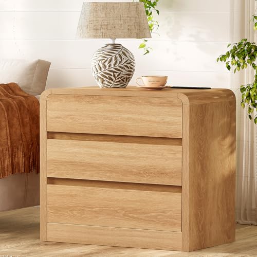 Nightstands Set of 2, Night Stand with 3 Storage Drawer and Charging Station, Modern End Tables Wide Night Stands for Bedroom Sofa Couch Home Office, Natural - color: Unbzx026rd2-zf