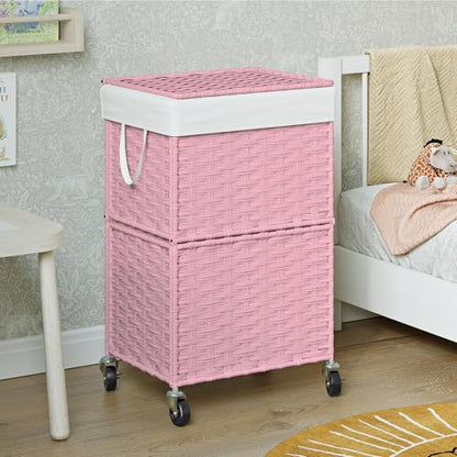 Chrislley Wicker Laundry Basket with Wheels,Rolling Laundry Hamper with Lid | 90L Slim Clothes Hamper with Wheels & Removable Liner Bag, Handwoven Rattan Laundry Organizer for Bedroom, Bathroom, Pink - color: Pink