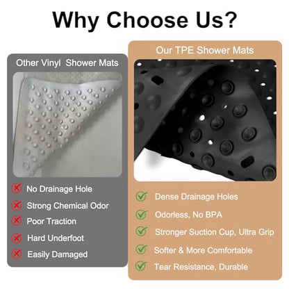 Square Shower Mat Non Slip, 27 x 27 Inch Quick Drain TPE Anti Slip Shower Mats for Inside Shower, Soft Shower Floor Mat with Suction Cups, Quick Drying, Machine Washable - color: Black