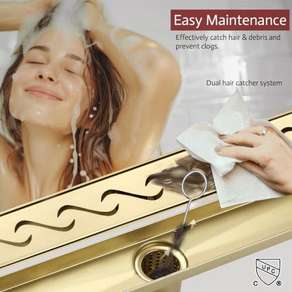 Linear Shower Drain, 24 inch Brushed Gold | Including Hair Catcher and Removable Grate, 304 Stainless Steel, Easy to Install and Clean (Drain Base Not Included) - color: Brushed Gold, size: 24 inch