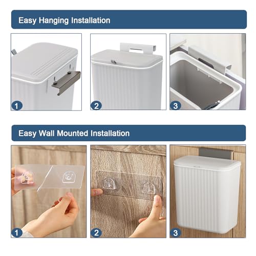 Kitchen Compost Bin Cabinet Hanging Small Trash Can with Lid 2.4 Gallon | Food Waste Bin for Counter Top Under Sink Rv Wall Mounted Bathroom Trash Can - color: grey