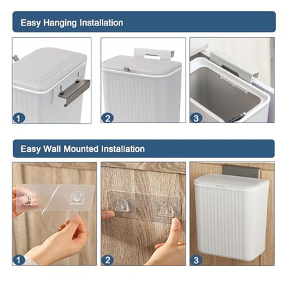 Kitchen Compost Bin Cabinet Hanging Small Trash Can with Lid 2.4 Gallon | Food Waste Bin for Counter Top Under Sink Rv Wall Mounted Bathroom Trash Can - color: grey