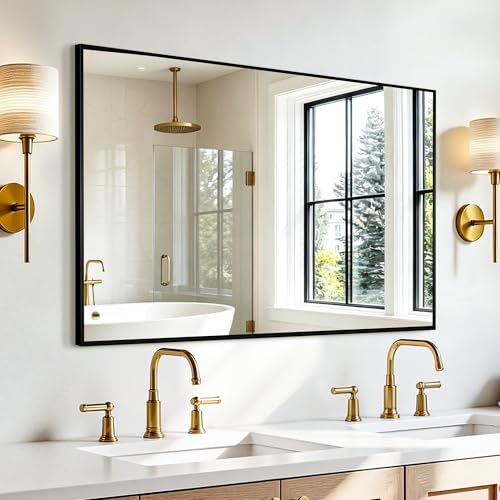 Rectangular Bathroom Mirror, 48"x30" Black Metal Framed Vanity Mirror, HD Shatterproof Wall Mirror, Horizontal or Vertical Hanging, Easy Installation for Bathroom, Bedroom, Living Room, Entryway - color: Black, size: 48"L x 30"W