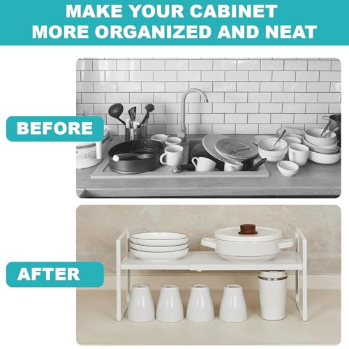 Expandable Cabinet Shelf, Lengths Adjustable Shelf Organizer Riser, Metal Space-Saving Cupboard Organizers for Kitchen Cabinet Pantry Cupboard Under Sink Countertop, White - color: White