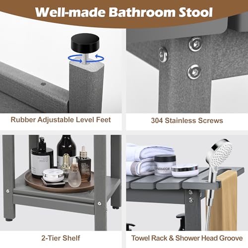 Shower Bench, HDPE Waterproof Shower Chair for Inside Shower | Heavy-Duty Bathroom Bench with Non-Slip Adjustable Feet & Storage Shelf, Stable Shower Stool for Shaving Legs, Grey - color: Grey