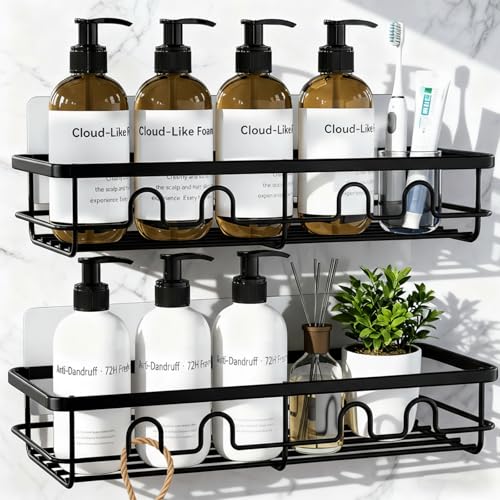 Adhesive Shower Caddy, Large Capacity Shower Racks for Inside Shower, No Drill Bathroom Shower Organizer and Storage, 2 Pack Black Bathroom Shelves, Home Decor Rv Accessories, Apartment - color: Black