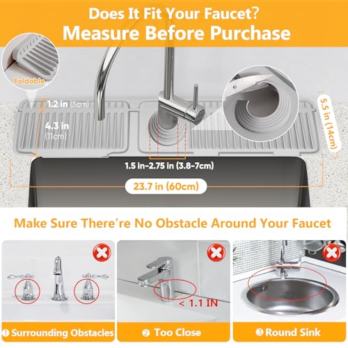 24'' Folding Faucet Mat for Kitchen Sink Splash Guard[7° Slope Fast Self-draining][Snap Lock Fit] Kitchen Sink Faucet Mat Splash Guard Kitchen Sink Area Water Splash Guard Behind Faucet Draining Mat - color: Light Gray, size: 24" x 5.5"