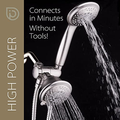High Pressure 24-Function Dual 2-in-1 Handheld Shower Head Combo | With Self-clean Nozzles, 3-way Anti-swivel Water Diverter, and Premium Stainless Steel Hose / Nickel Finish - color: Brushed Nickel, size: 1.8 Gallons Per Minute