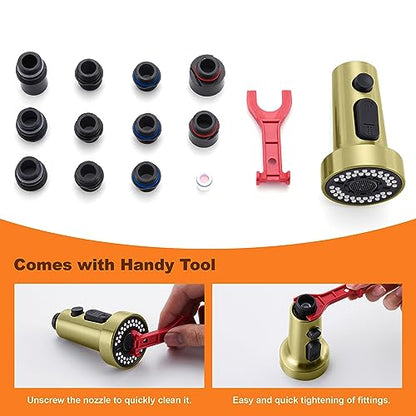 TIORIY Kitchen Faucet Head with 15 Adapters, High Pressure 3 Functions Pull Down Kitchen Spray Head Replacement, Pull Out Kitchen Sink Sprayer Nozzle, Brushed Gold, ABS - color: Brushed Gold, style: Blade Spray