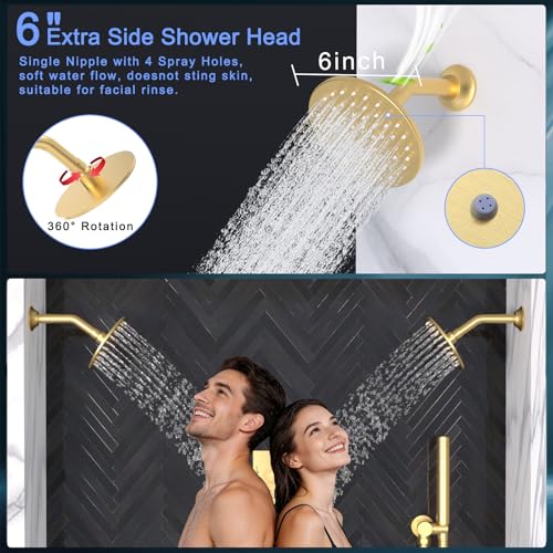 HOMEDEC 16" Round Rain Shower Faucet Set with Dual 6" Wall Mounted Shower Heads, 4 Way Shower Valve with 2-Function Handheld Shower, Brushed Gold - color: Brushed Gold, style: 4-Way + 2x 6" Top (No Jets)