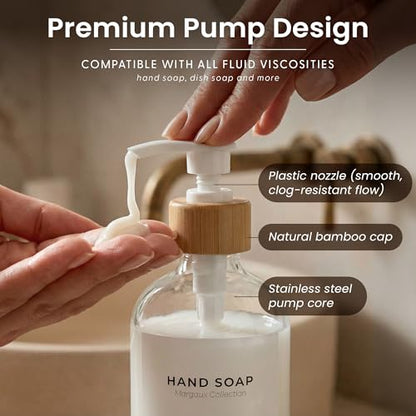 Maisonovo Dish Soap Dispenser Set - Clear Soap Dispenser White Bamboo Pumps | Glass bottles for body wash, lotion, shampoo or conditioner · Sink, bathroom or countertop · Tray, 16.9 oz each - color: Clear Bottles White Bamboo Pumps