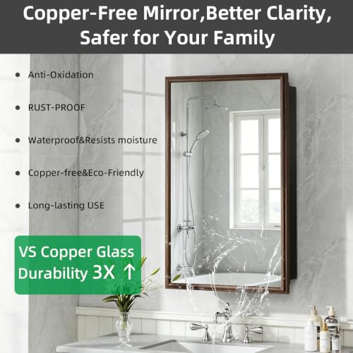 16 x 26 Recessed Medicine Cabinet Mirror with Storage,Brown Aluminum Medicine Cabinet Frame Mirror,Tempered Glass,Mount Recessed Mount Bathroom Vanity Modern Farmhouse