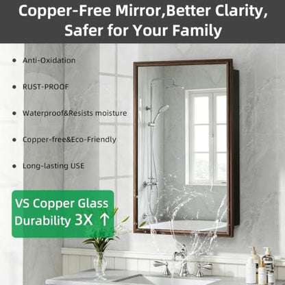 16 x 26 Recessed Medicine Cabinet Mirror with Storage,Brown Aluminum Medicine Cabinet Frame Mirror,Tempered Glass,Mount Recessed Mount Bathroom Vanity Modern Farmhouse