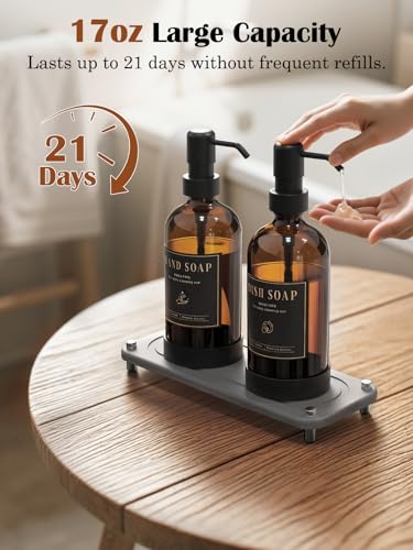 Luxspire 17 oz Glass Liquid Soap Dispenser Set, Amber + Dark Gray, 2 Pack | Anti-drip pump, wide mouth easy refill, non-slip silicone base, 7 waterproof labels, refillable glass for hand dish soap - color: Brown+gray