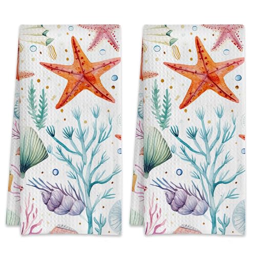 Ocean Seashells Starfish and Coral Hand Towels Set of 2,Waffle Weave Soft Absorbent Kitchen Dish Towels,Decorative Bathroom Towel for Hotel Bath Gym Yoga 16"x24" - color: Ocean Seashells Starfish and Coral