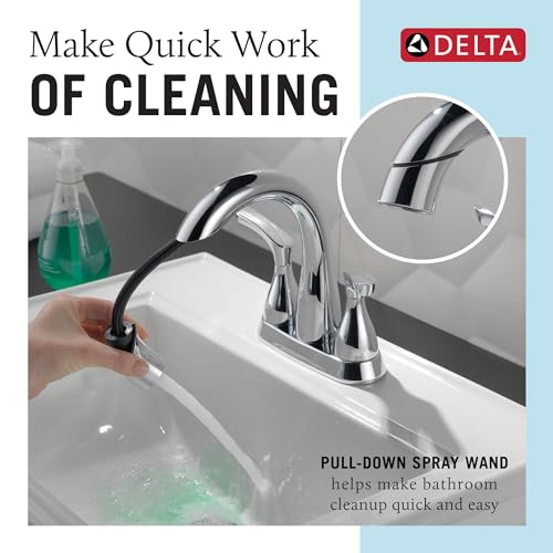 Delta Broadmoor Centerset Chrome Bathroom Faucet with Sprayer, 4 Inch 3 Hole Bathroom Sink Faucet with Pull Out Sprayer, Push-Pop Drain, Chrome 25765LF-PD - color: Chrome