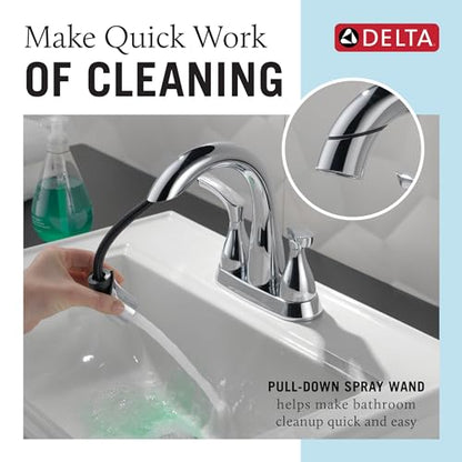 Delta Broadmoor Centerset Chrome Bathroom Faucet with Sprayer, 4 Inch 3 Hole Bathroom Sink Faucet with Pull Out Sprayer, Push-Pop Drain, Chrome 25765LF-PD - color: Chrome