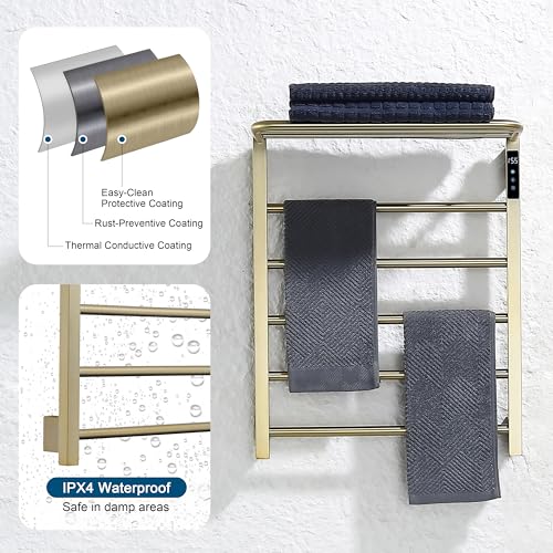 Heated Towel Racks, 5 Bars Towel Warmer with 24hr Timer Stainless Steel Wall Mounted Electric Towel Warmers for Bathroom - color: Gold