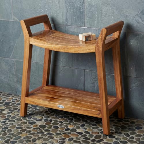 Patented Asia Ascend Teak Shower Bench with Elevated Height and Shelf | Durable, Water-Resistant Teak, Shower Chair & Shaving Foot Rest, Indoor/Outdoor Use