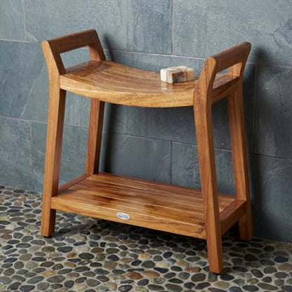 Patented Asia Ascend Teak Shower Bench with Elevated Height and Shelf | Durable, Water-Resistant Teak, Shower Chair & Shaving Foot Rest, Indoor/Outdoor Use