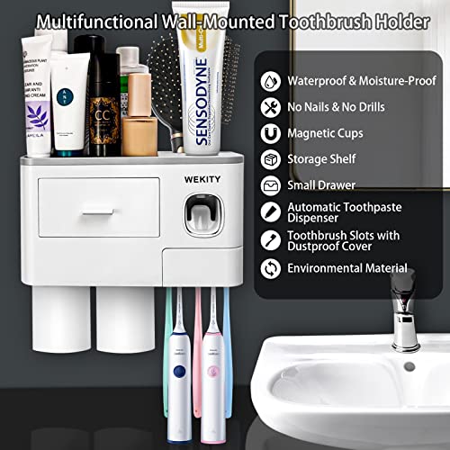 Wekity Multifunctional Wall-Mounted Toothbrush Holder, Automatic Toothpaste Dispenser Space Saving Toothbrush and Toothpaste Holder, with 2 Cups and Drawers Cosmetic Organizer(Grey) - color: Grey