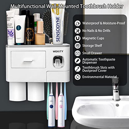 Wekity Multifunctional Wall-Mounted Toothbrush Holder, Automatic Toothpaste Dispenser Space Saving Toothbrush and Toothpaste Holder, with 2 Cups and Drawers Cosmetic Organizer(Grey) - color: Grey