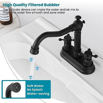 gotonovo 4 Inch Centerset Bathroom Faucet 2 Cross Handles Deck Mount 2 Hole Lavatory Vanity Utility Mixer Tap with Water Supply Hoses and Pop Up Drain RV Farmhouse, Matte Black - color: Matte Black