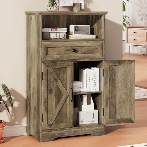 Floor Cabinet, Farmhouse Storage Cabinet with Barn Doors and Drawers Grey | 11.81" D x 23.62" W x 39.37" H Freestanding Adjustable Shelf Organizer for Bathroom, Kitchen, Living Room - color: Grey