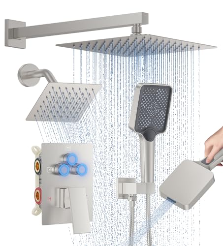Woindo Shower Faucet Set, 10" Wall Mount Rainfall Shower System with 2 Rain Shower Head and Multi-function Handheld Head Push Button Diverter Shower Faucet Trim Kit - color: Brushed Nickel, style: 10"-Wall-01