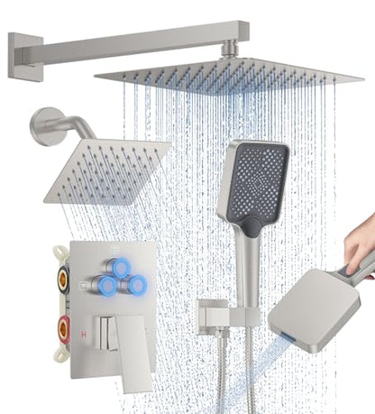 Woindo Shower Faucet Set, 10" Wall Mount Rainfall Shower System with 2 Rain Shower Head and Multi-function Handheld Head Push Button Diverter Shower Faucet Trim Kit - color: Brushed Nickel, style: 10"-Wall-01