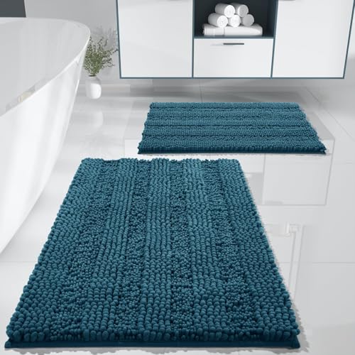 Yimobra Bathroom Rug Set 2 Piece, Soft Absorbent Chenille Bath Mat Set, Non Slip Machine Washable Quick Dry, Plush Shower Rugs for Bathroom Floor Sink Tub, 32"x20"+24"x17", Peacock Blue - color: Peacock Blue, size: 32x20+24x17 Inch