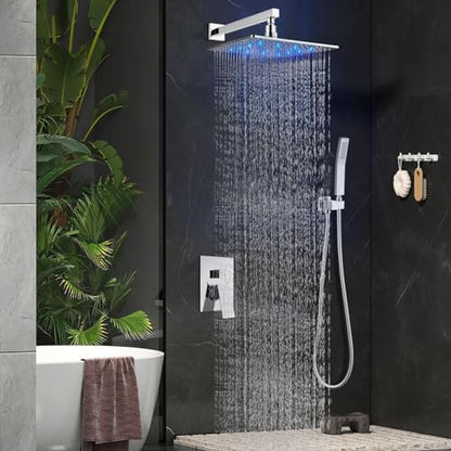 Aolemi Shower Faucet Set with Valve Handheld 12" LED Head Polish Chrome | Handheld Spray,12 Inch Rain LED Head,Valve and Trim Kit,All Metal,Wall Mount Shower System,Bathroom Mixer - color: Chrome, size: 12 Inch LED Shower Head